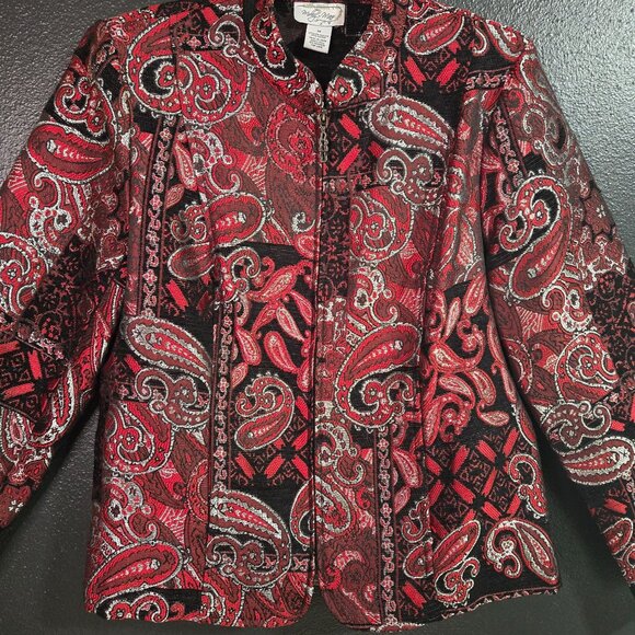 Vintage Tapestry Brocade Paisley Art to Wear Jacket Red Black Metallic M - Picture 4 of 11